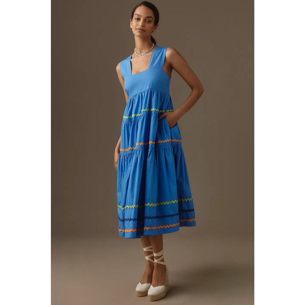 By Anthropologie The Helena Square-Neck Tiered Midi Dress Smocked Scallop - M - Picture 2 of 4
